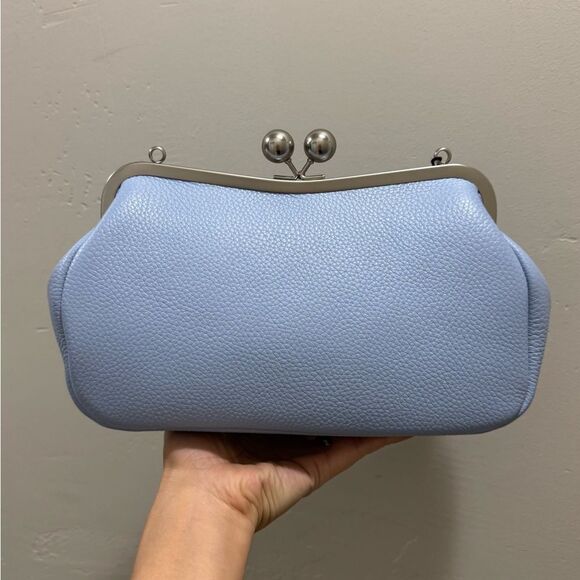 Blue Togo Cowhide Leather Handmade Large Bow Kisslock Bag With 3 Strap Styles - Picture 11 of 16